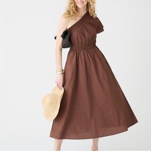 J. Crew Smocked One-shoulder Dress in Cotton Poplin Brown Sz Large
